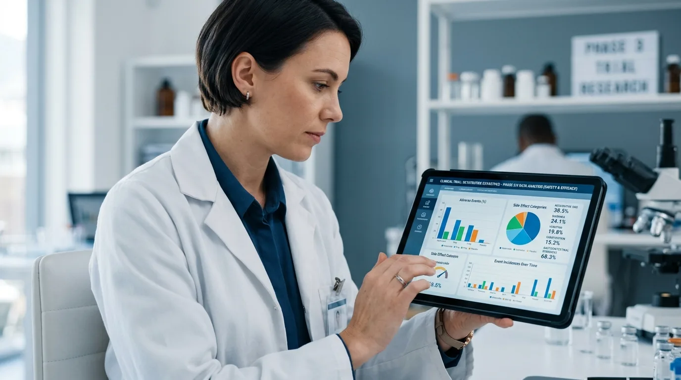 Scientist reviewing clinical trial data on retatrutide side effects and safety profile