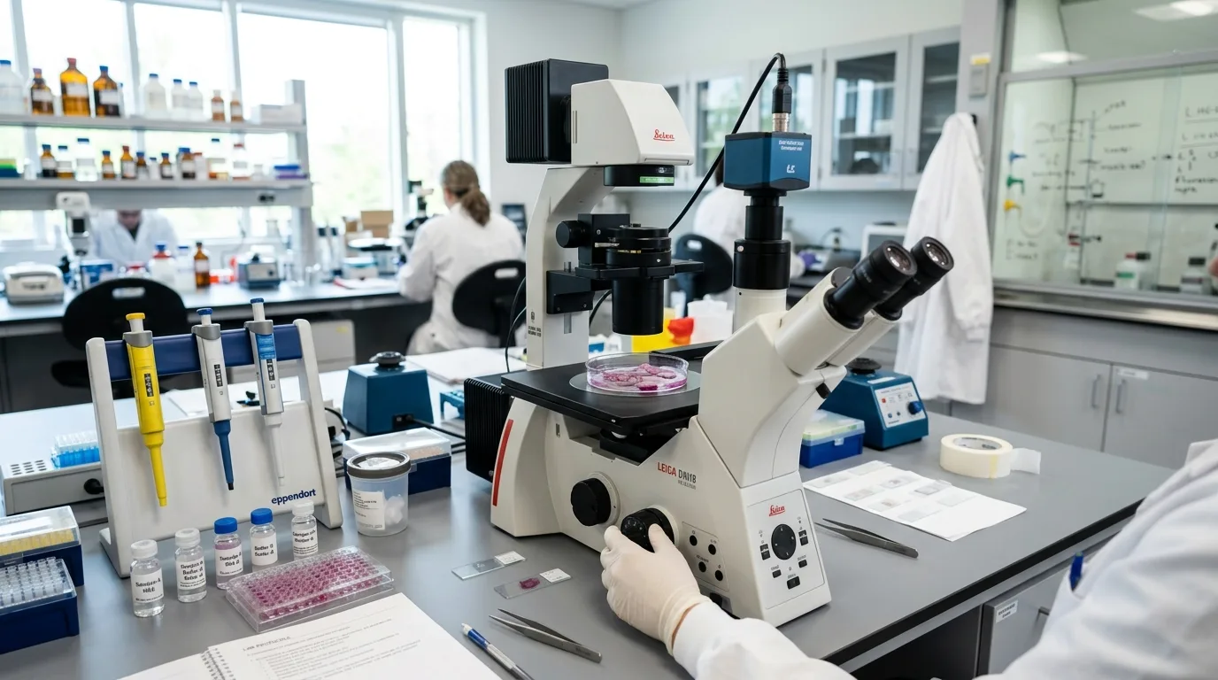 Professional laboratory research environment showing equipment used in nerve regeneration and spinal cord injury animal model studies