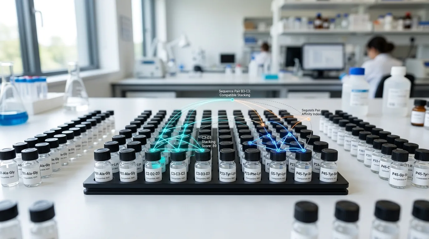 Practical peptide compatibility matrix showing common peptide pairs and their safe stacking relationships in an organized laboratory setting