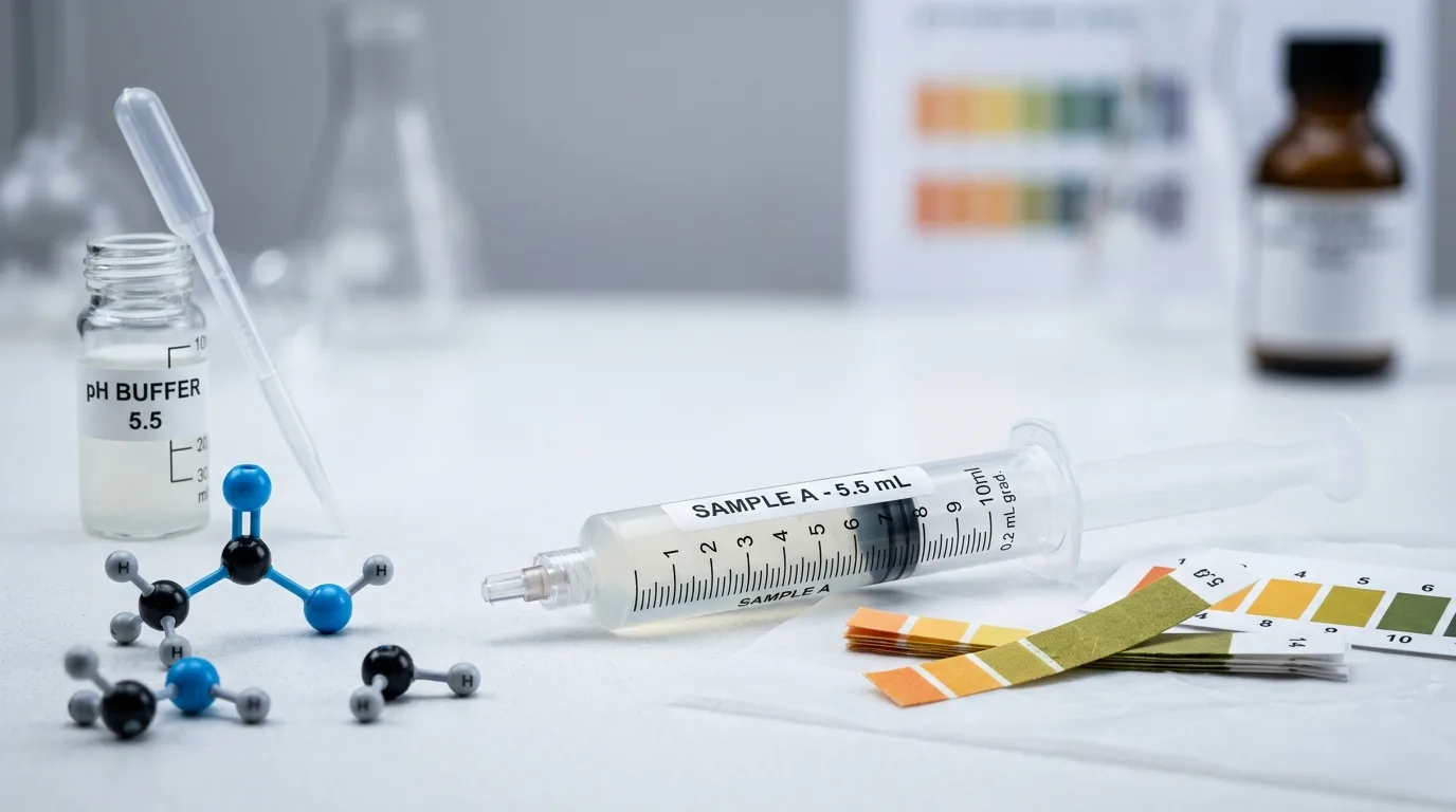 Molecular models and pH testing strips demonstrating peptide chemistry compatibility considerations for safe mixing