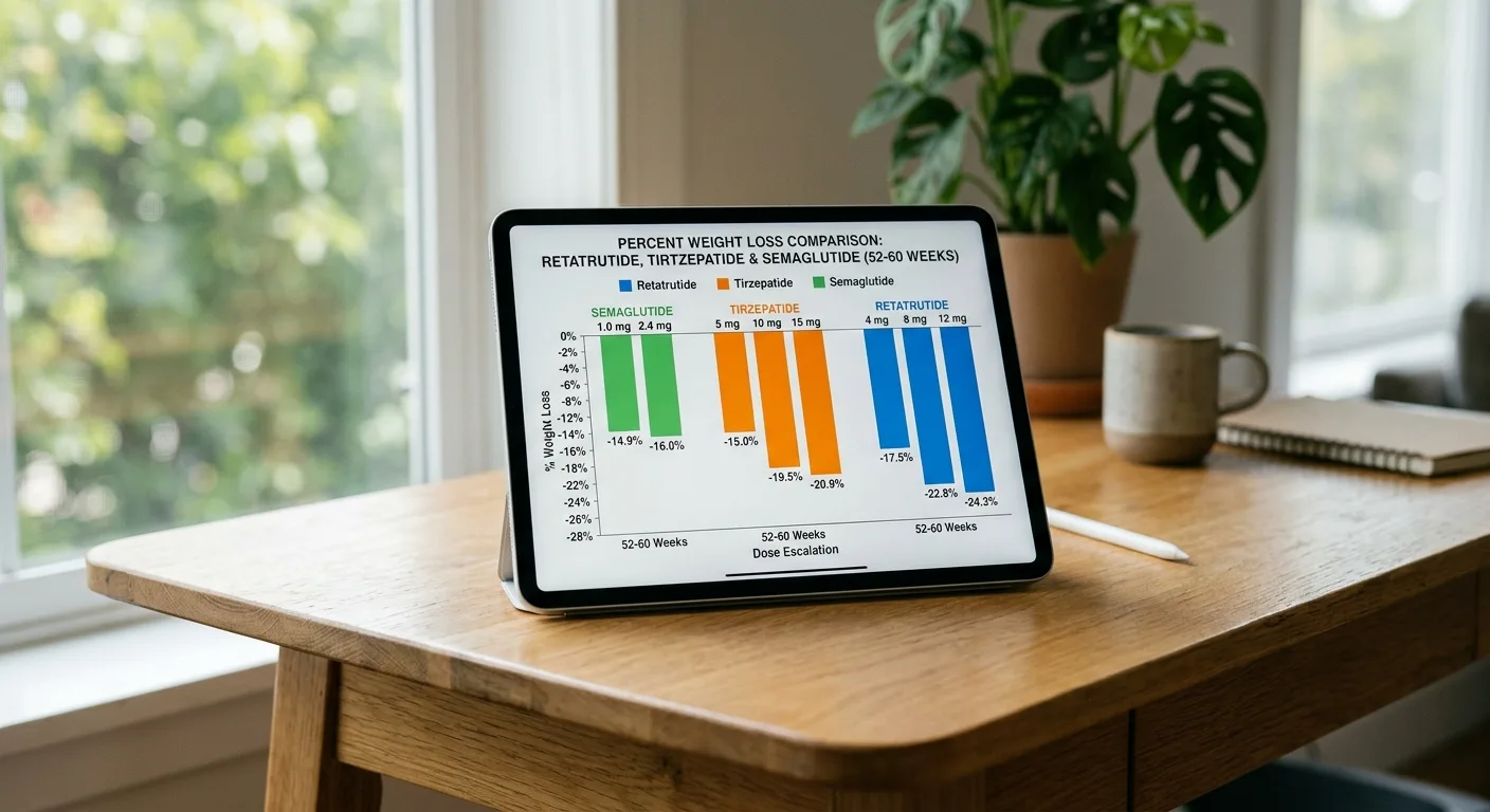 Digital tablet showing bar charts comparing clinical efficacy of retatrutide vs semaglutide vs tirzepatide weight loss results