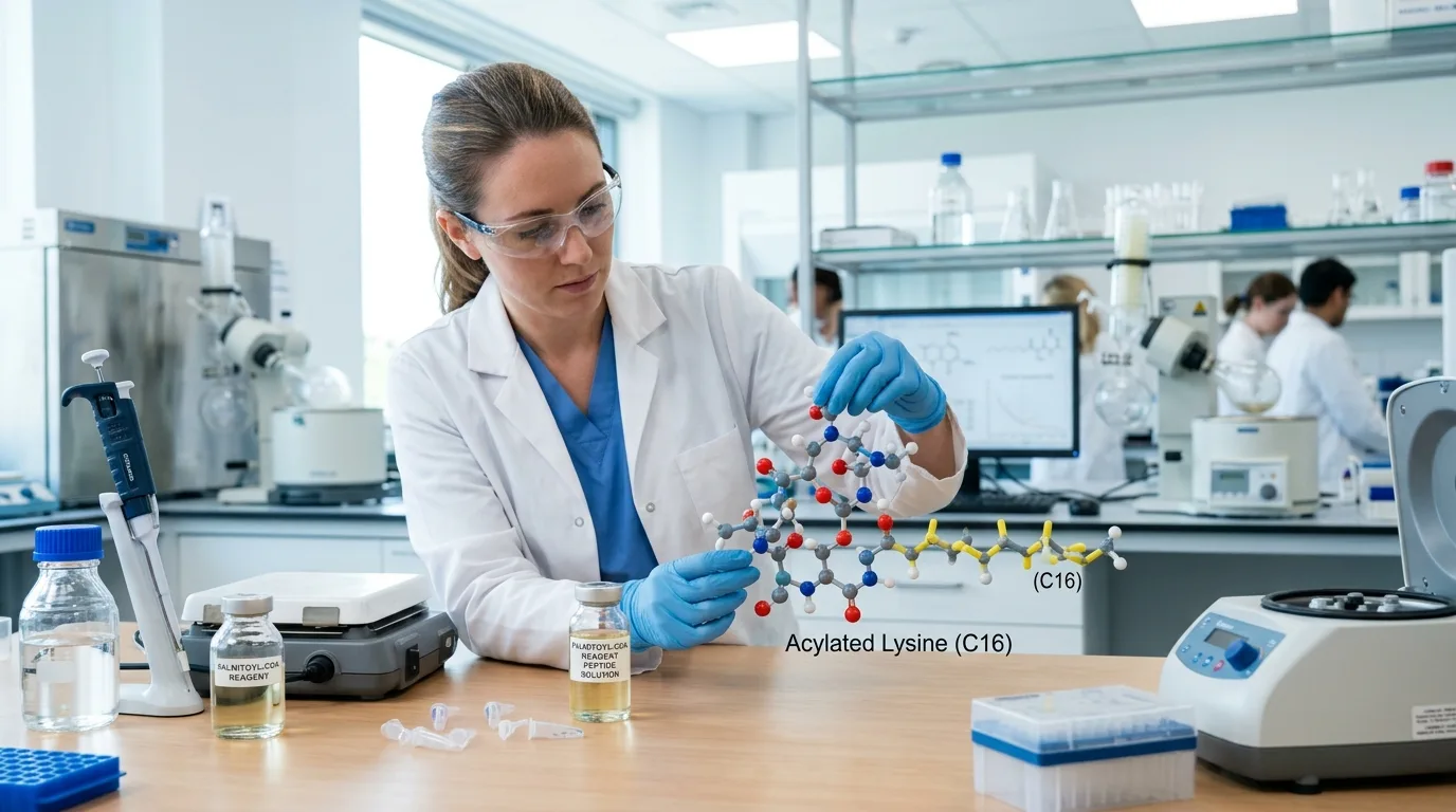 Researcher demonstrating fatty acid acylation technique related to fatty acid acylated peptide drug design in a laboratory setting