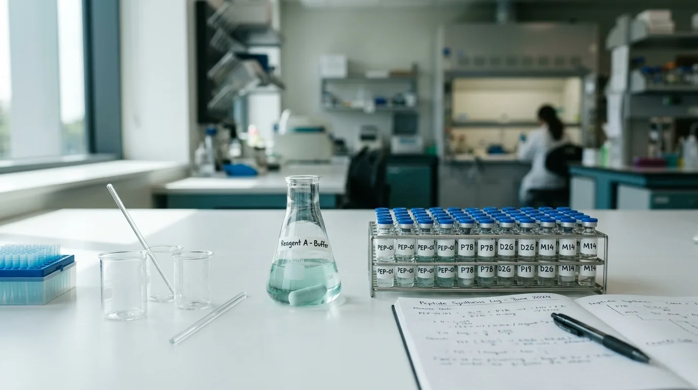 Laboratory setting with peptide research materials representing Selank's role in GABAergic calm and serotonergic balance