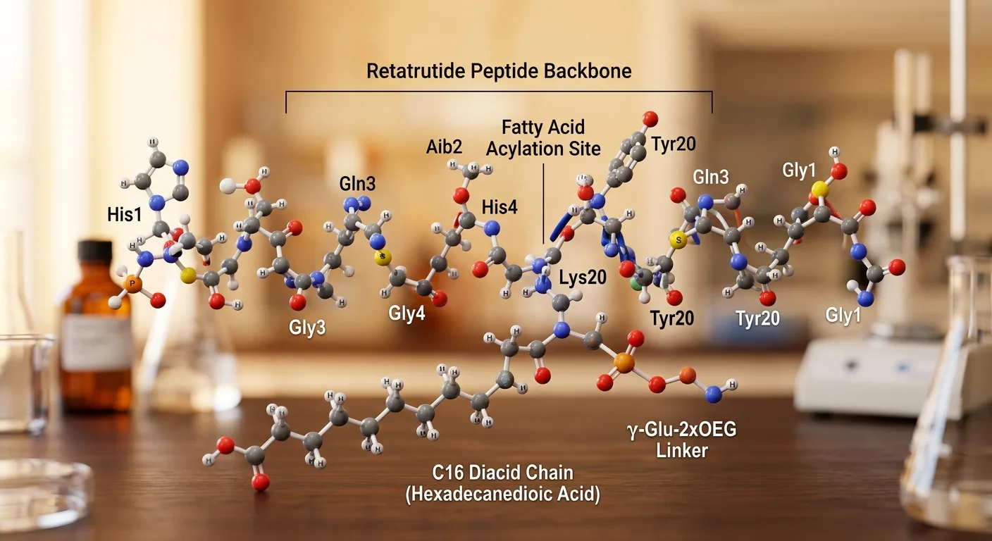 Macro image of Retatrutide chemical structure highlighting fatty acid acylation for half-life extension