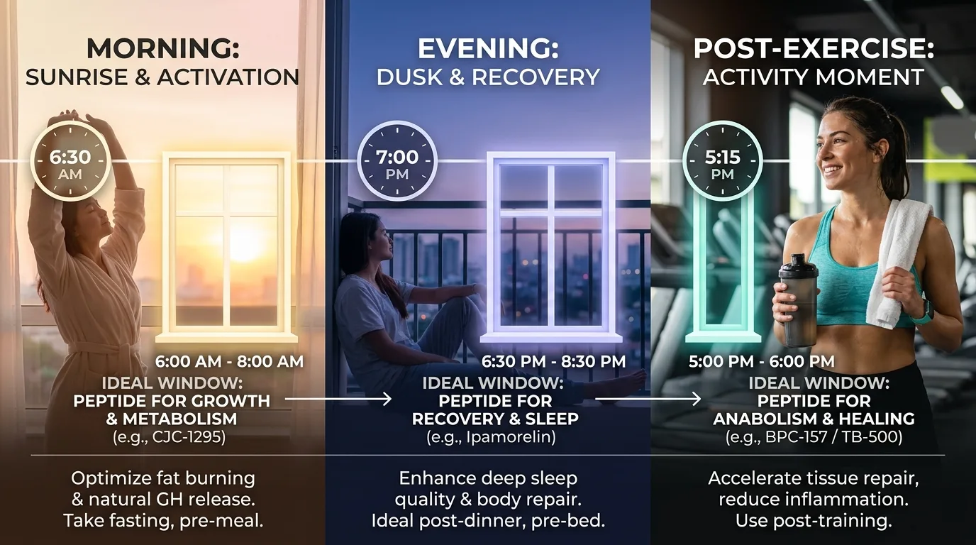 Practical timing guide for circadian peptide stack protocols during morning, evening, and post-exercise windows