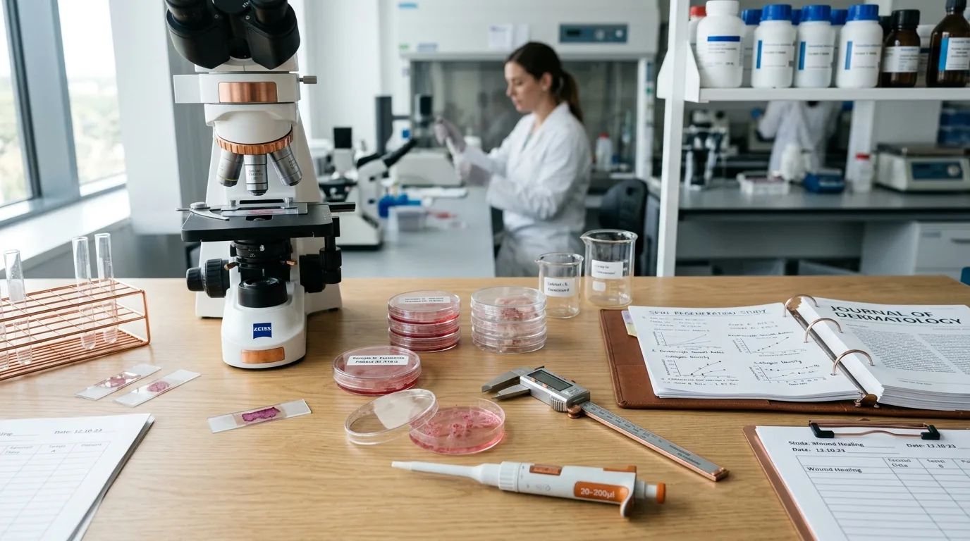 Clinical laboratory research setup displaying GHK-Cu topical bioavailability testing and evidence collection for skin penetration studies