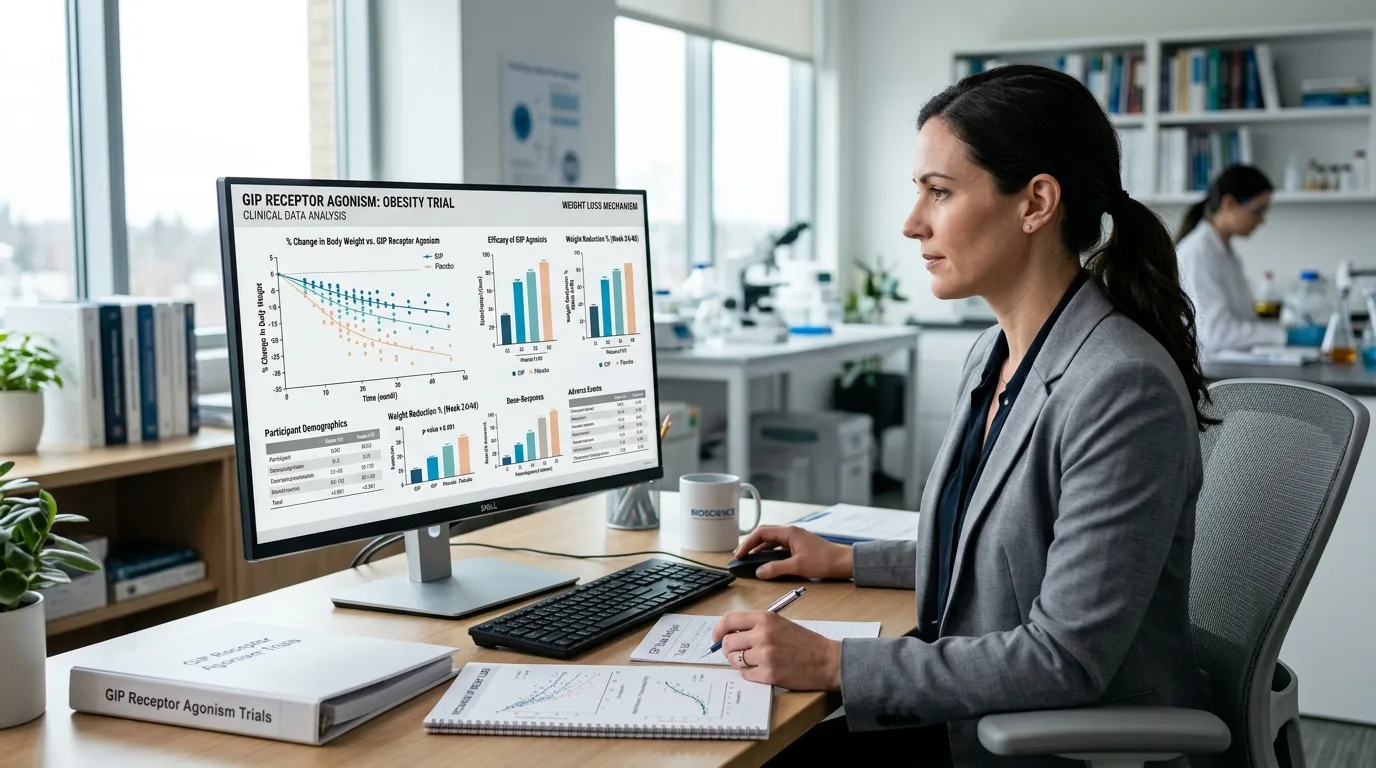 Researcher reviewing clinical trial data on GIP receptor agonism weight loss mechanism on a computer screen