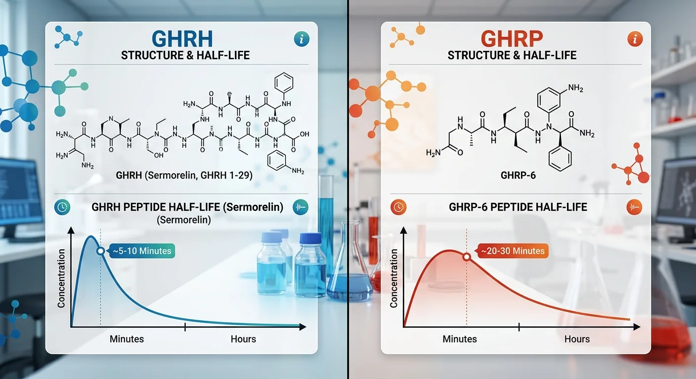 Visual comparison of GHRH and GHRP peptide half-life timelines illustrating why opposite half-lives create optimal stacking synergy