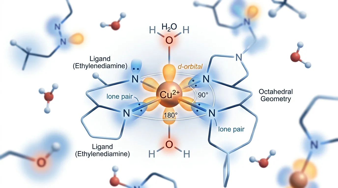 Detailed illustration of copper coordination chemistry demonstrating how the copper ion bonds to multiple points on the GHK peptide molecule through electron-donating ligand interactions
