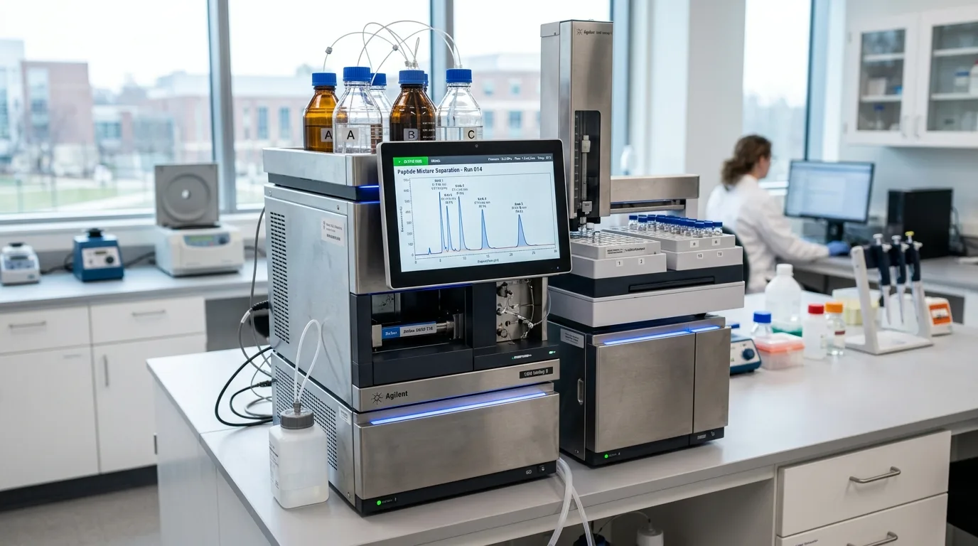 HPLC equipment displaying copper peptide purity analysis with chromatography peaks and percentage results on digital screen