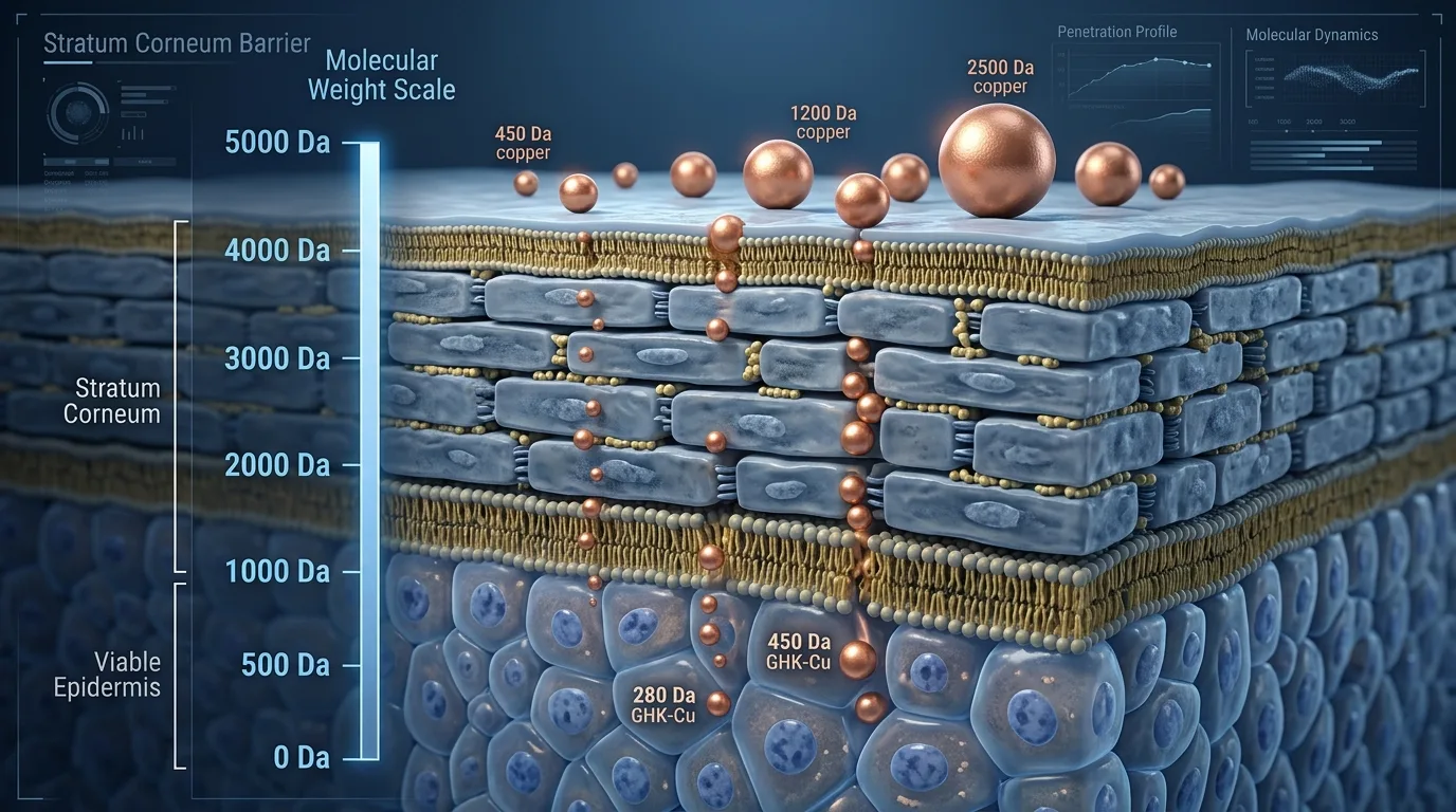 Molecular weight visualization showing GHK-Cu peptide penetration challenge related to the 500 Da rule for topical skin barrier permeability