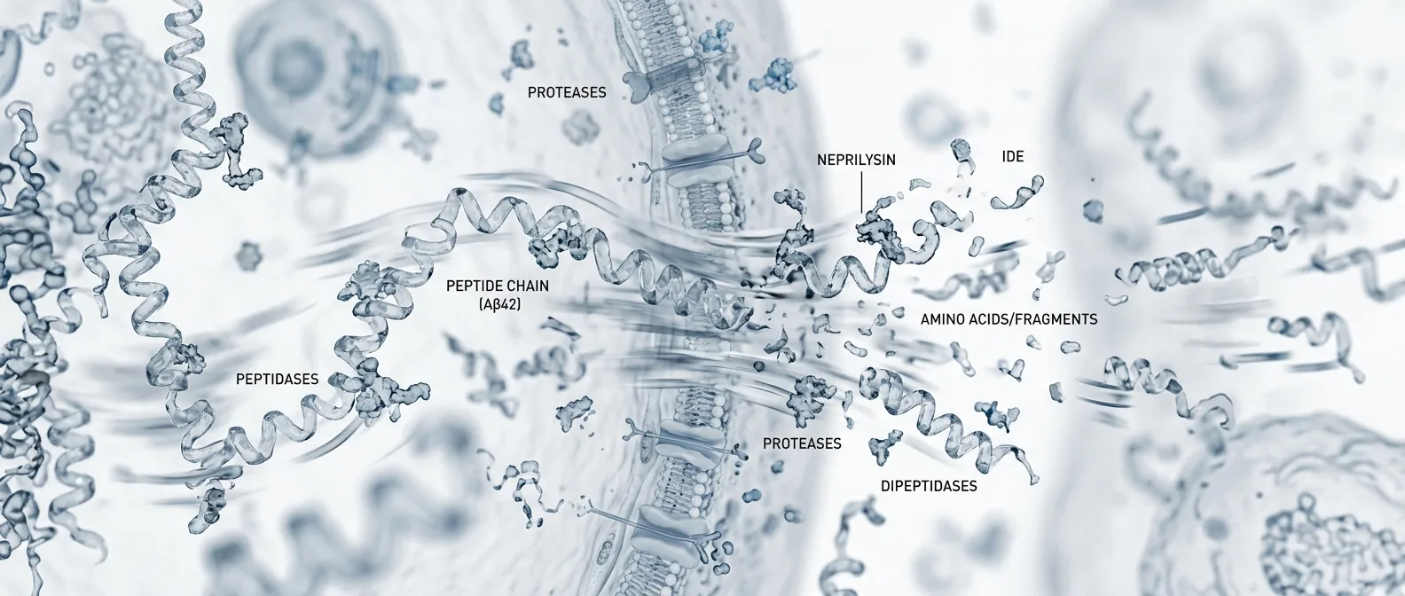 Close-up view of peptide chains illustrating the peptide albumin binding half-life extension mechanism during clearance from the body