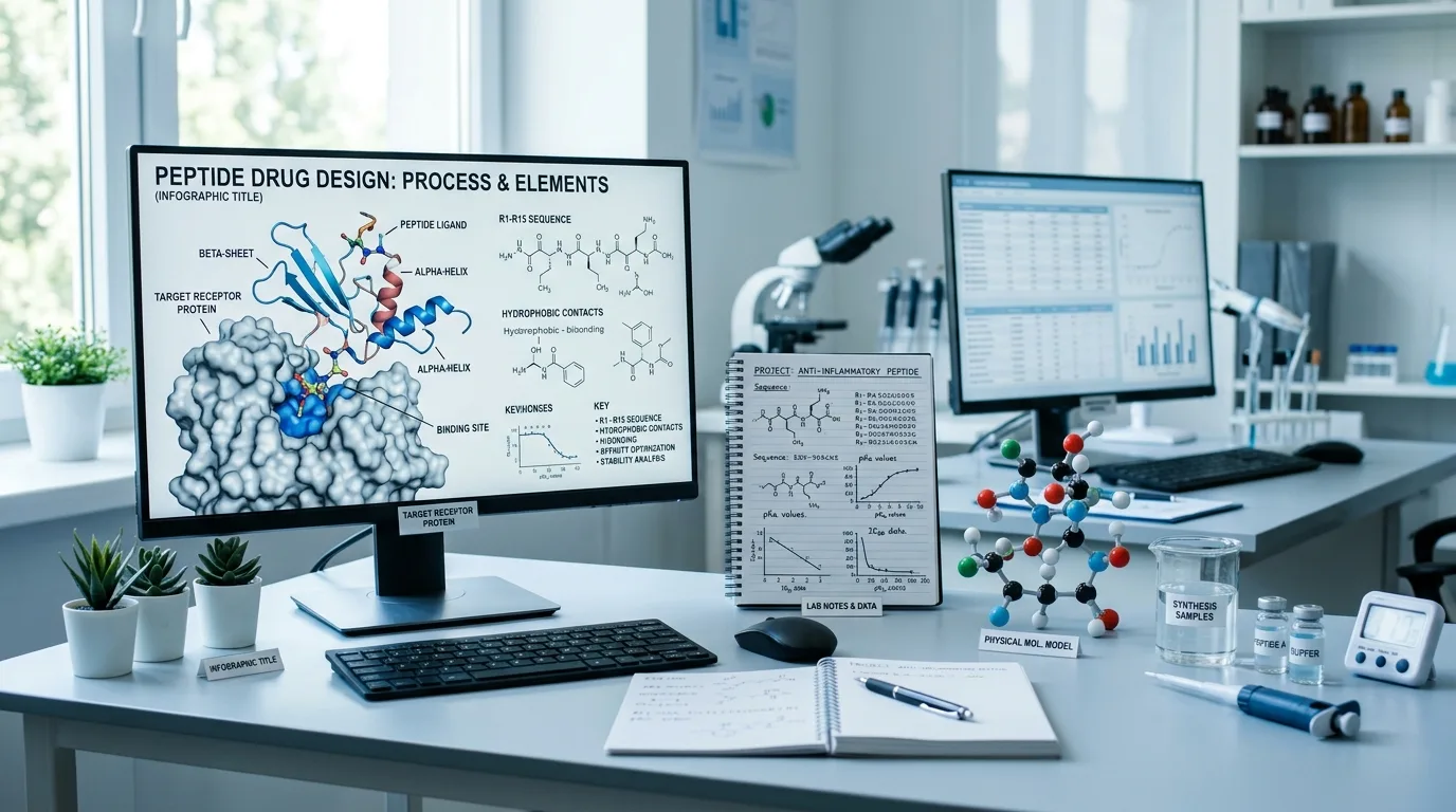 Workspace showing peptide drug design tools and molecular models highlighting fatty acid acylated peptide drug design concepts
