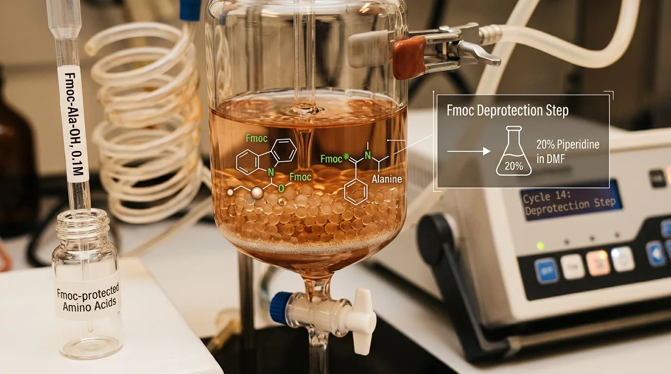 Detailed view of solid phase peptide synthesis resin beads used in GHK-Cu peptide assembly