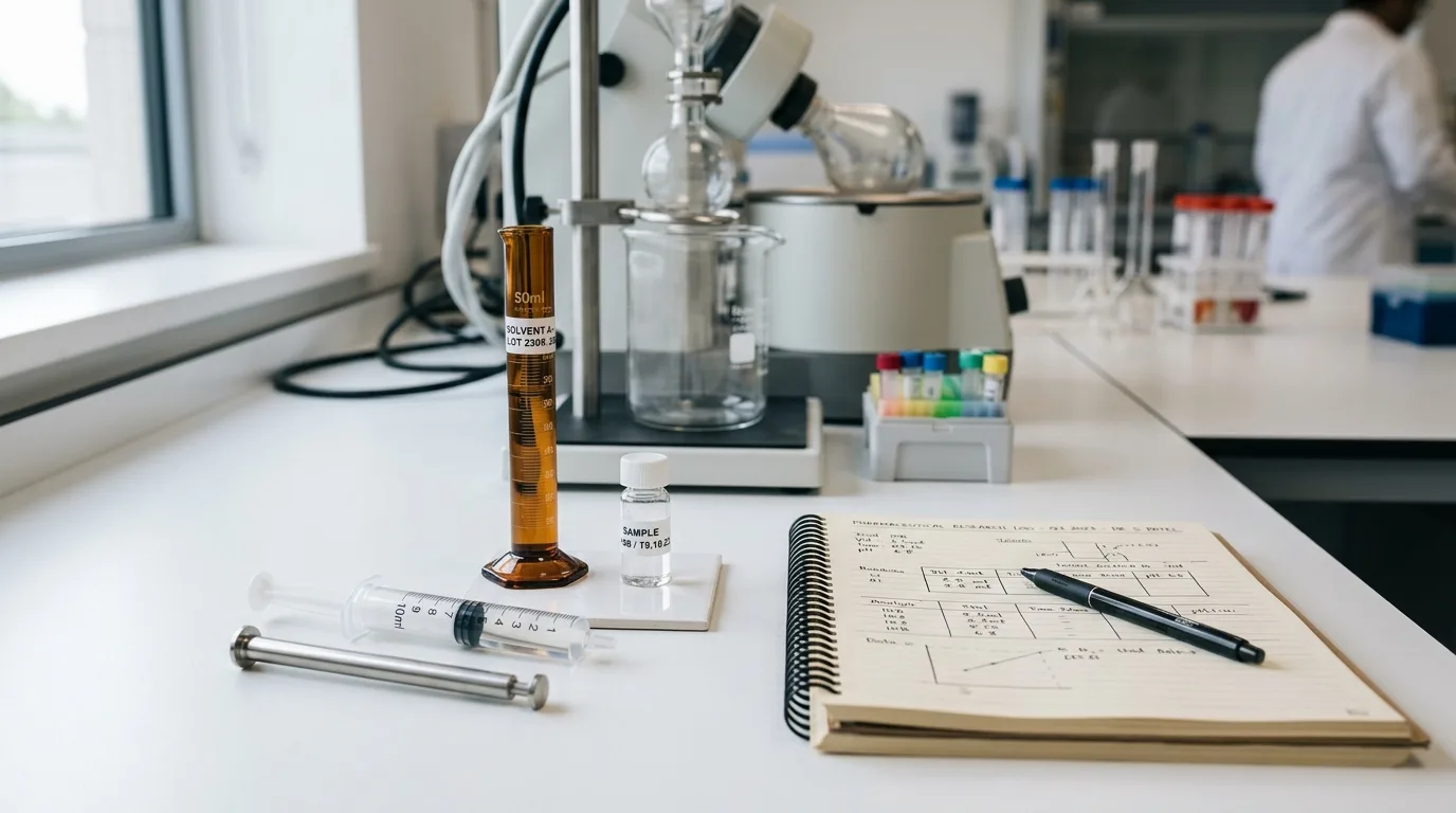 Research laboratory equipment and documentation used in practical peptide stacking protocols, demonstrating the CJC-1295 and Ipamorelin administration considerations for researchers