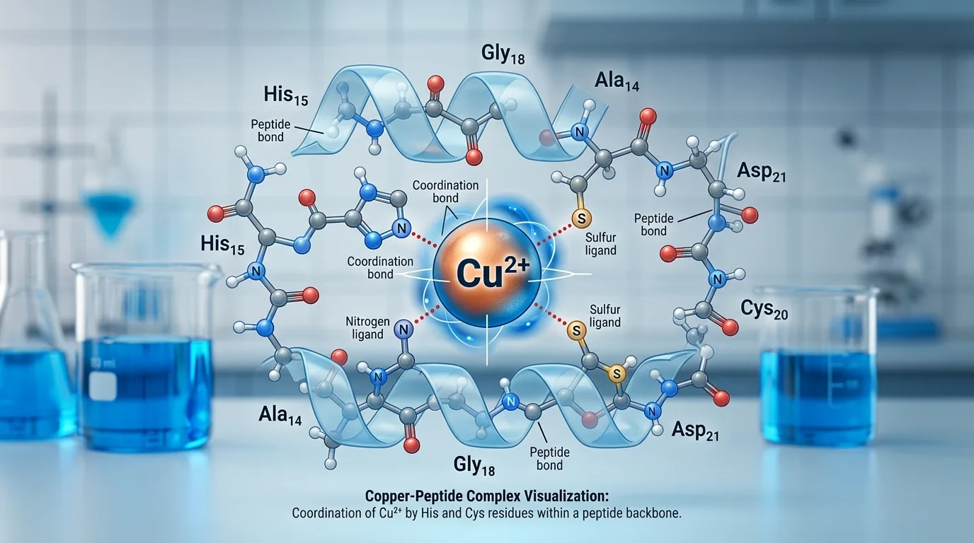 Copper chemistry molecular structure diagram showing GHK-Cu peptide bonds and biochemical mechanisms
