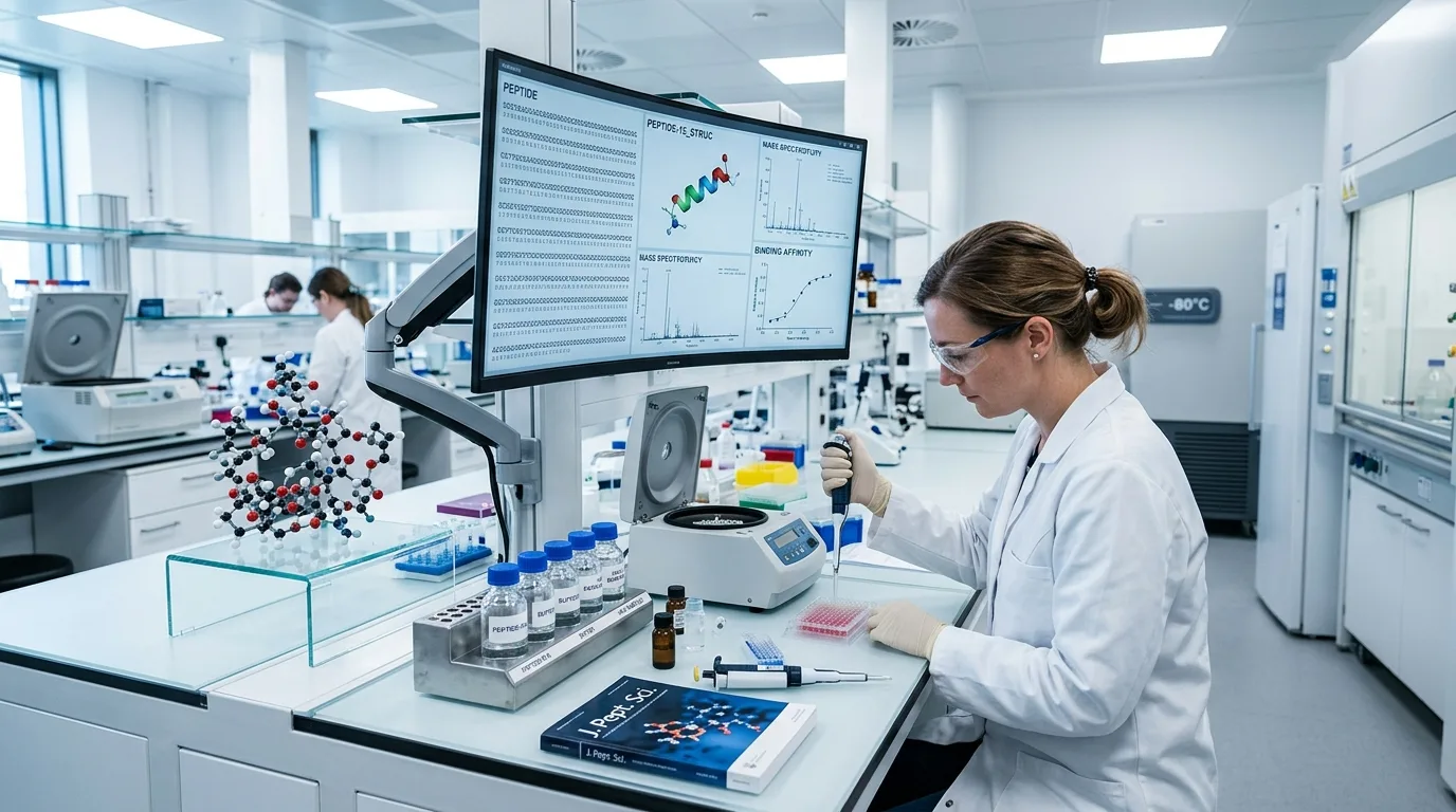 Professional research laboratory setup demonstrating peptide stacking protocols and longevity peptide formulation development