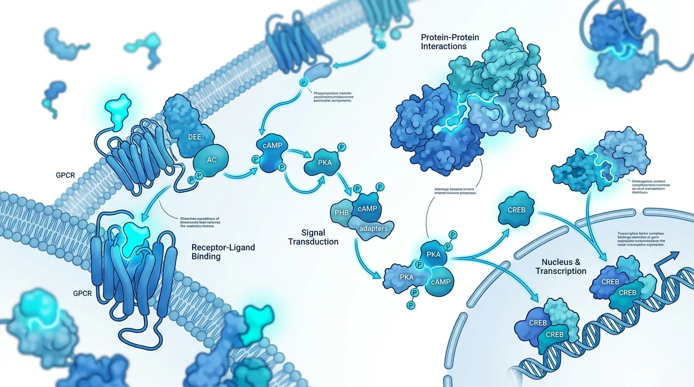 Molecular-level illustration of GHK-Cu mechanisms showing protein interactions and cellular signaling pathways in nerve regeneration research