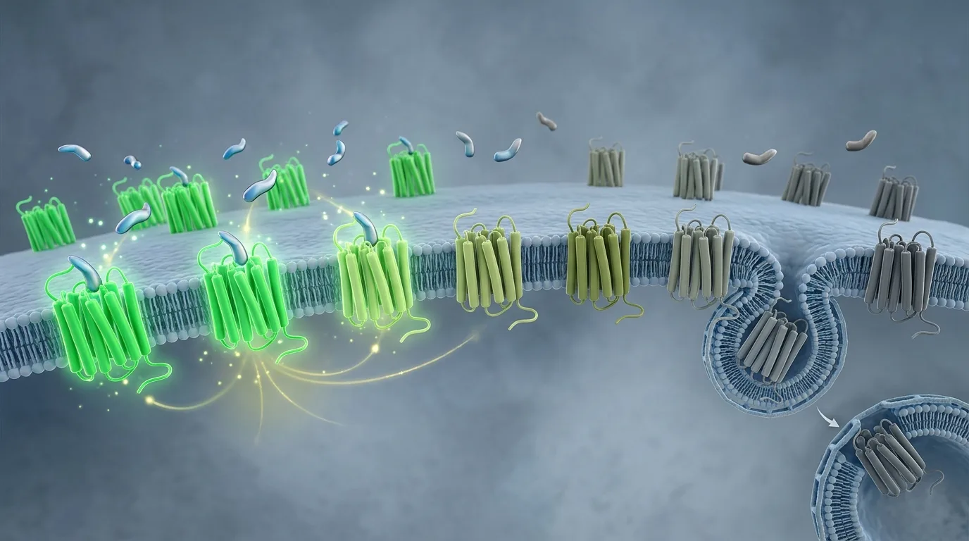 Microscopic view of GHS-R1a ghrelin receptors demonstrating peptide receptor desensitization mechanisms in GHRP stacking