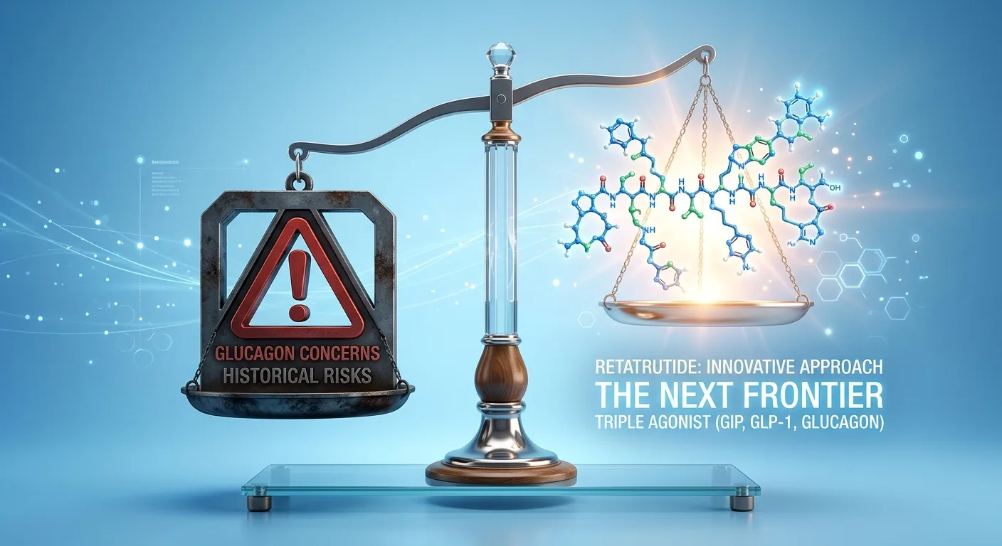 Conceptual image of a balance scale contrasting historical glucagon risks and Retatrutide’s innovative benefits.