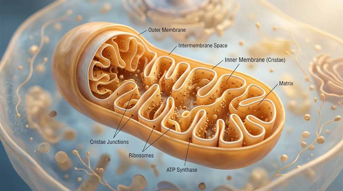 Detailed view of mitochondrial structure showing organelles and cristae relevant to understanding mitochondria-derived peptides