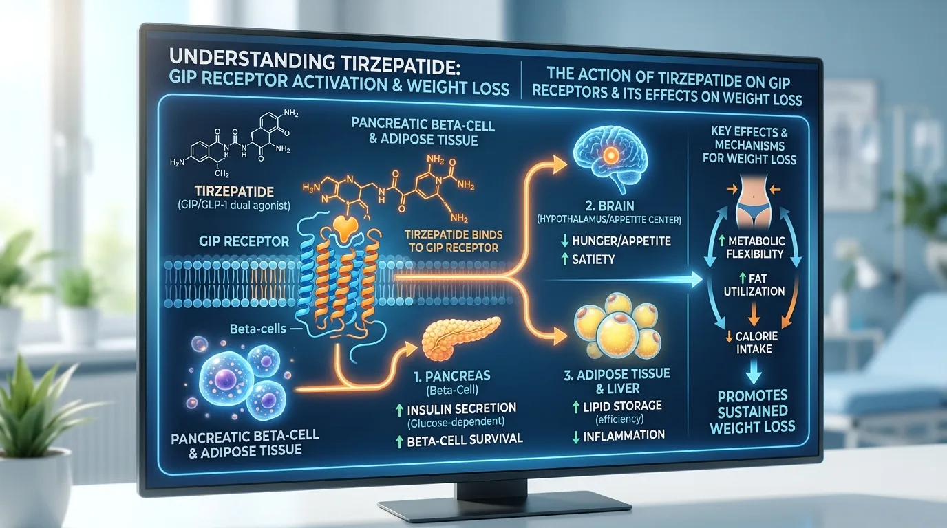 Digital infographic showing how Tirzepatide affects GIP receptor agonism weight loss mechanism