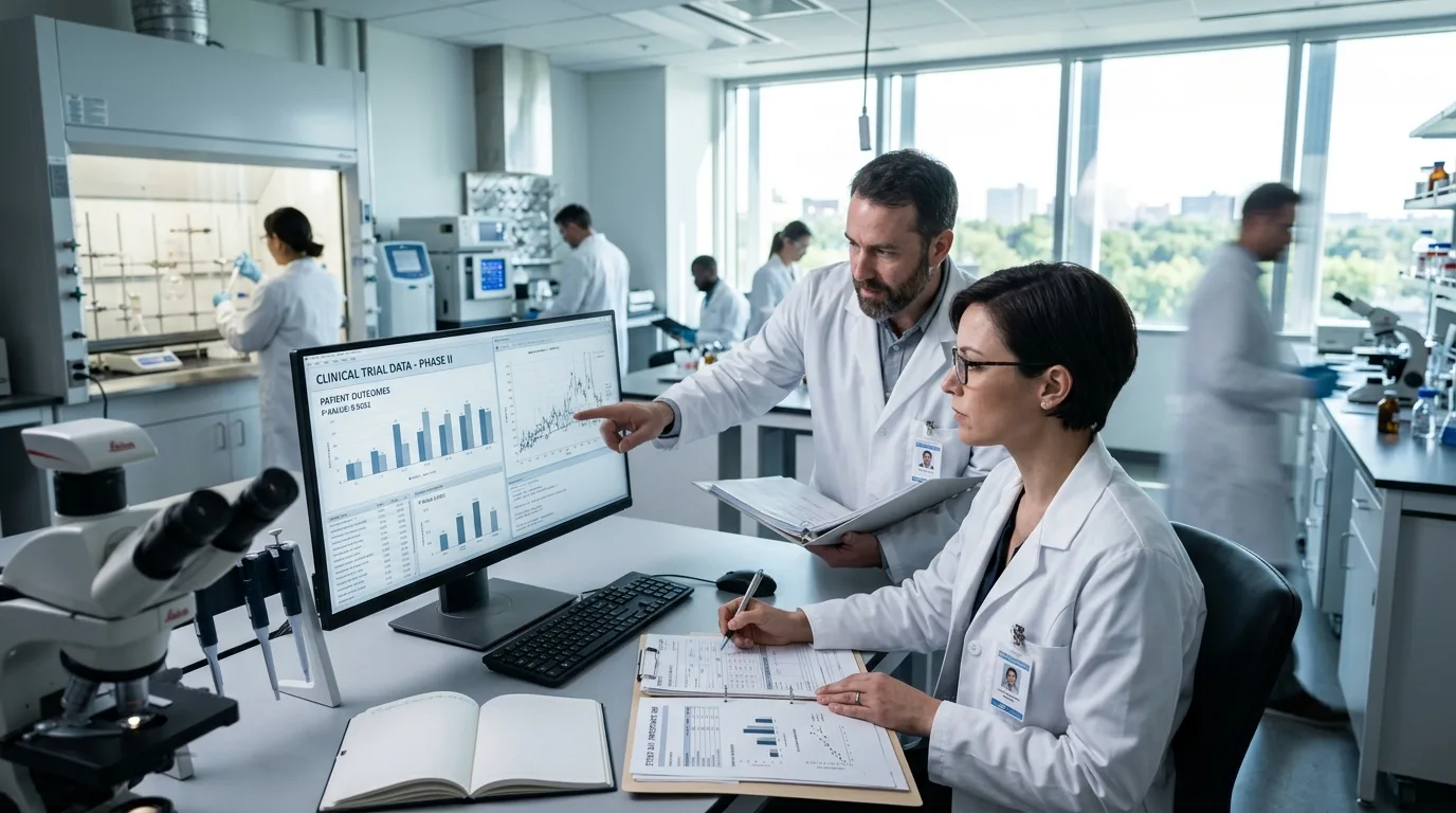 Clinical research laboratory environment representing Phase III trial data analysis for tesamorelin visceral fat reduction outcomes in HIV patients