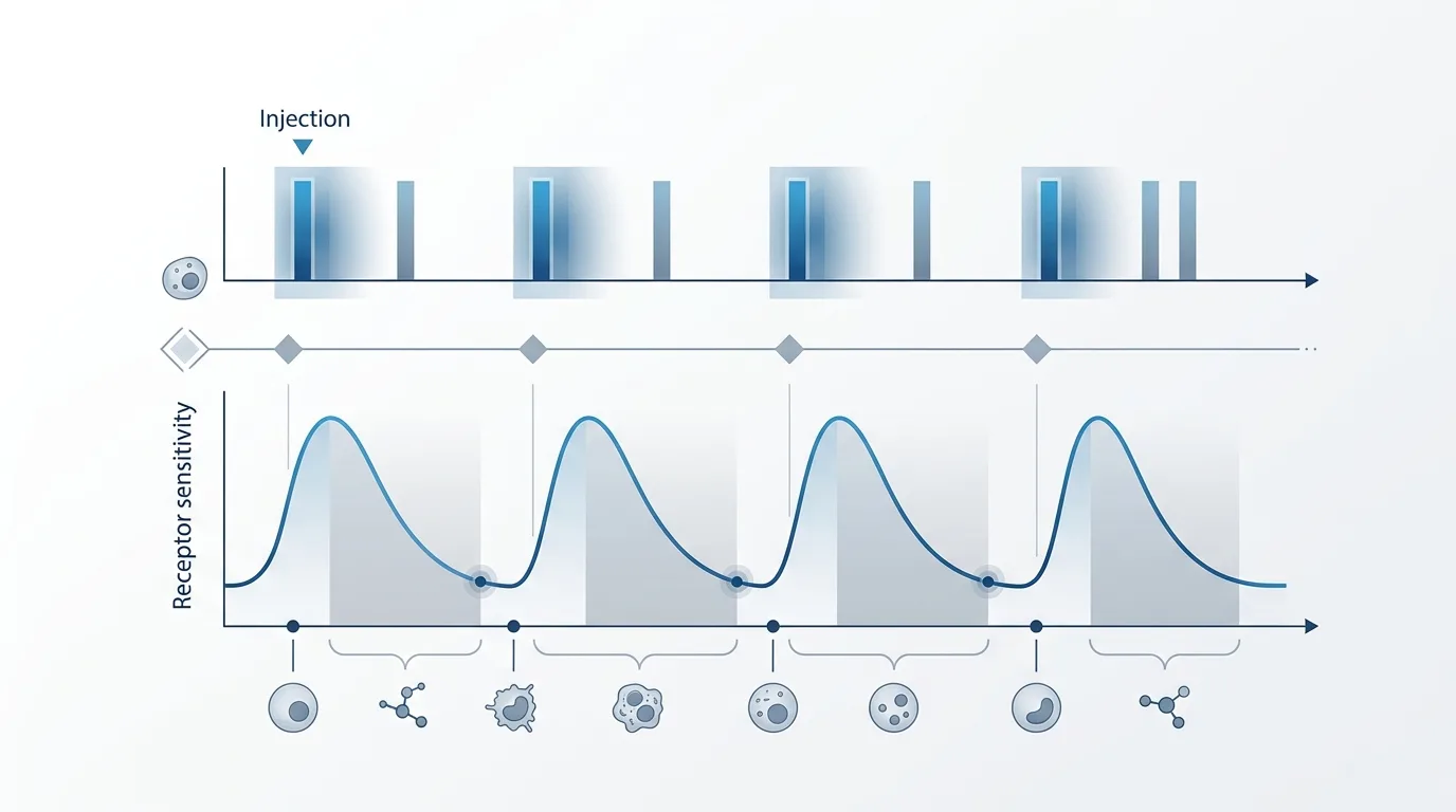 Pulsatile dosing protocol timeline diagram showing receptor sensitivity recovery periods between peptide injections in stacking protocols