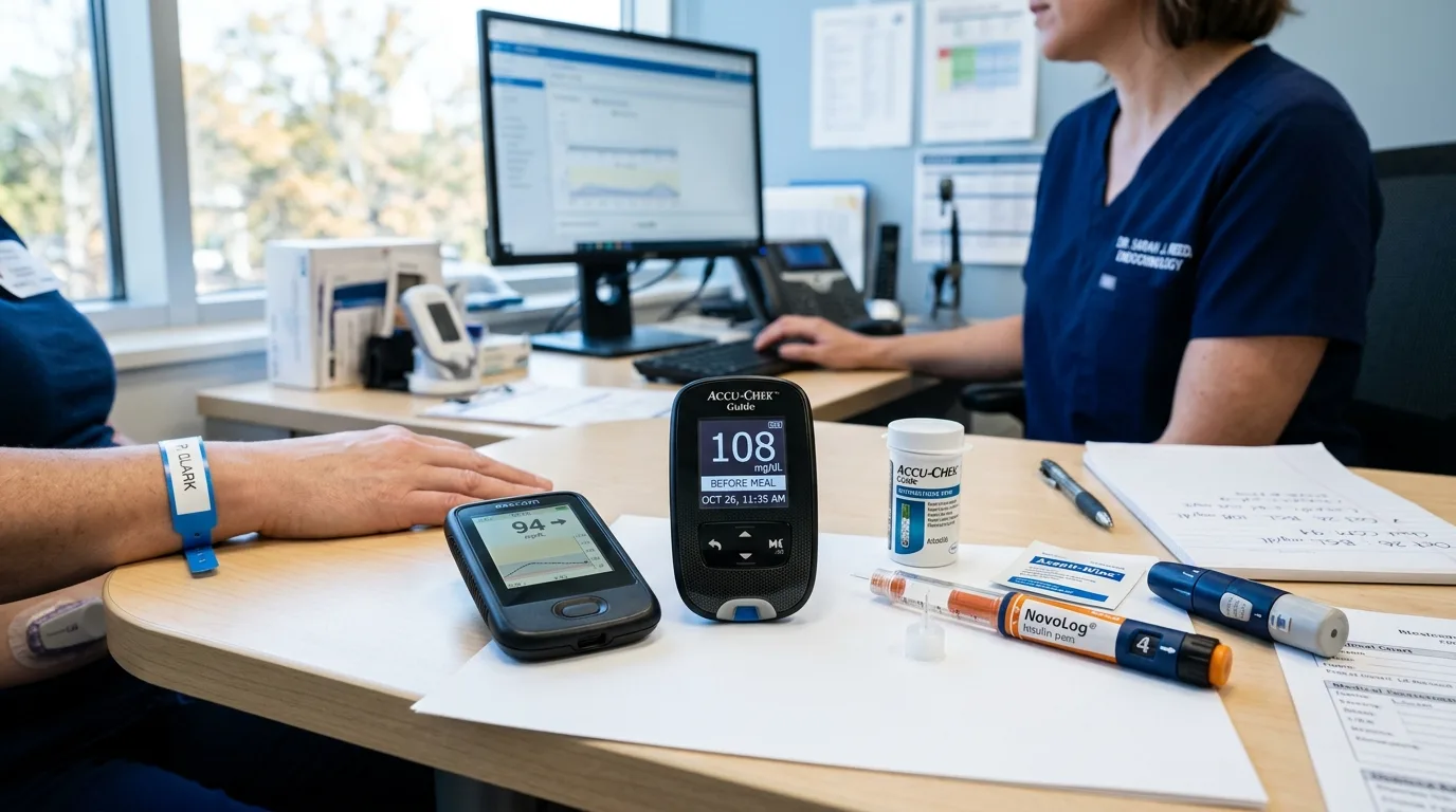 Clinical blood glucose monitoring equipment illustrating hypoglycemia risk assessment in IGF-1 LR3 and peptide stack research