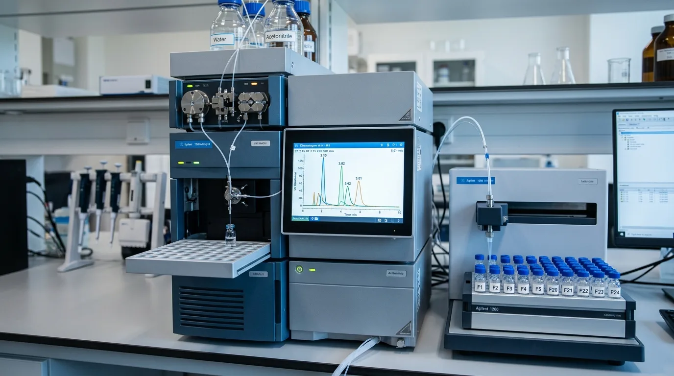HPLC purification system displaying chromatogram for tesamorelin peptide analysis and separation during global deprotection and cleavage