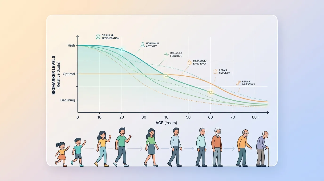 Chart showing GHK-Cu plasma level decline across different age groups from youth to elderly