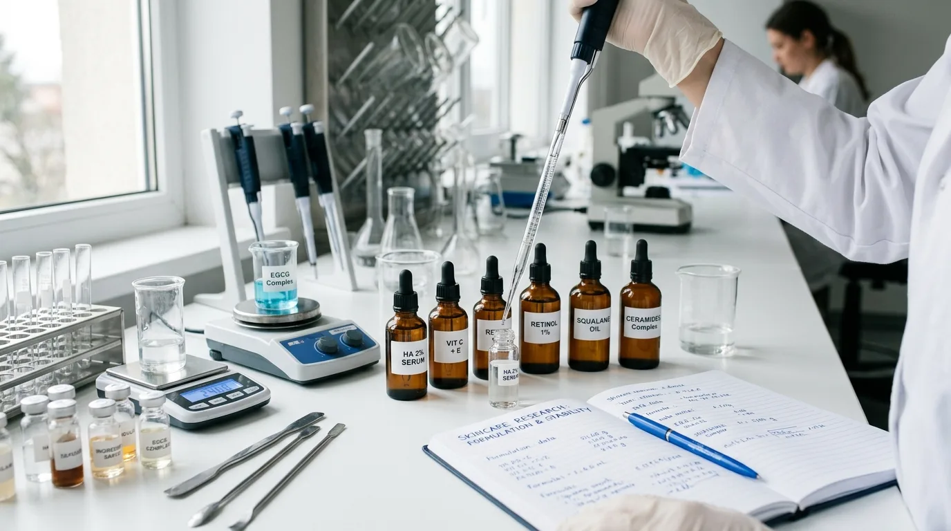 Laboratory research setup comparing different anti-aging skincare mechanisms and ingredients