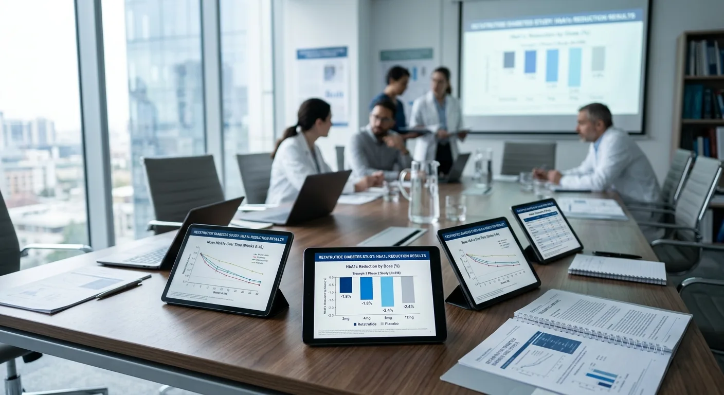 Digital tablets displaying HbA1c reduction data from the retatrutide diabetes study in a modern conference room setting.