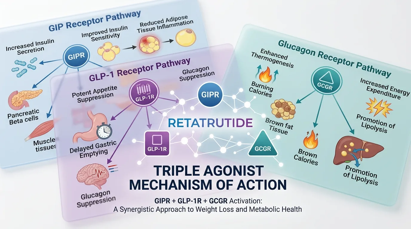 Infographic-style visual depicting retatrutide's triple receptor pathways in pharmacological research for NASH treatment.