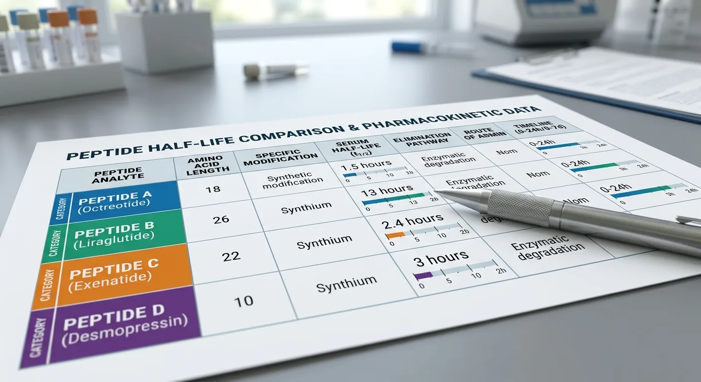 Detailed peptide half-life comparison chart displaying stacking duration windows and compatibility metrics for multiple peptide types