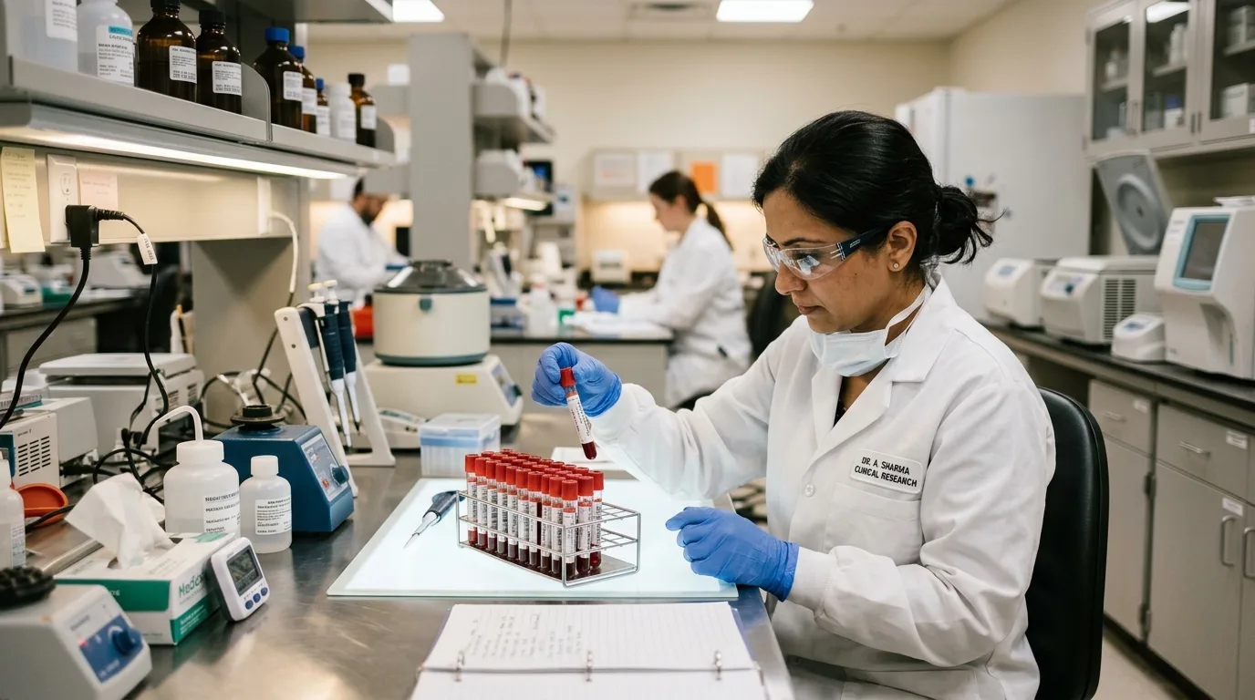Clinical laboratory research setting with blood samples being analyzed for GHK-Cu age-related plasma decline evidence