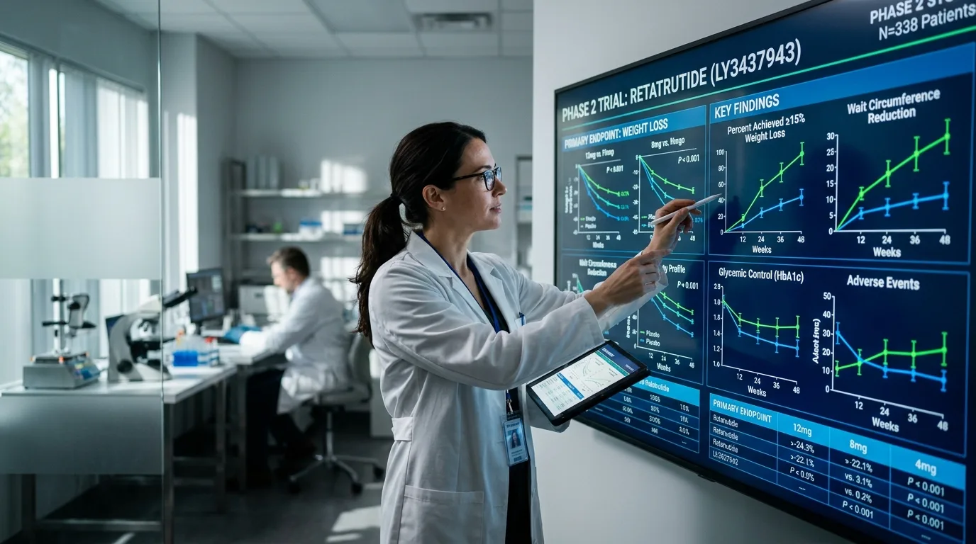 Researcher reviewing Phase 2 trial results illustrating retatrutide mechanism of action explained in a clinical setting