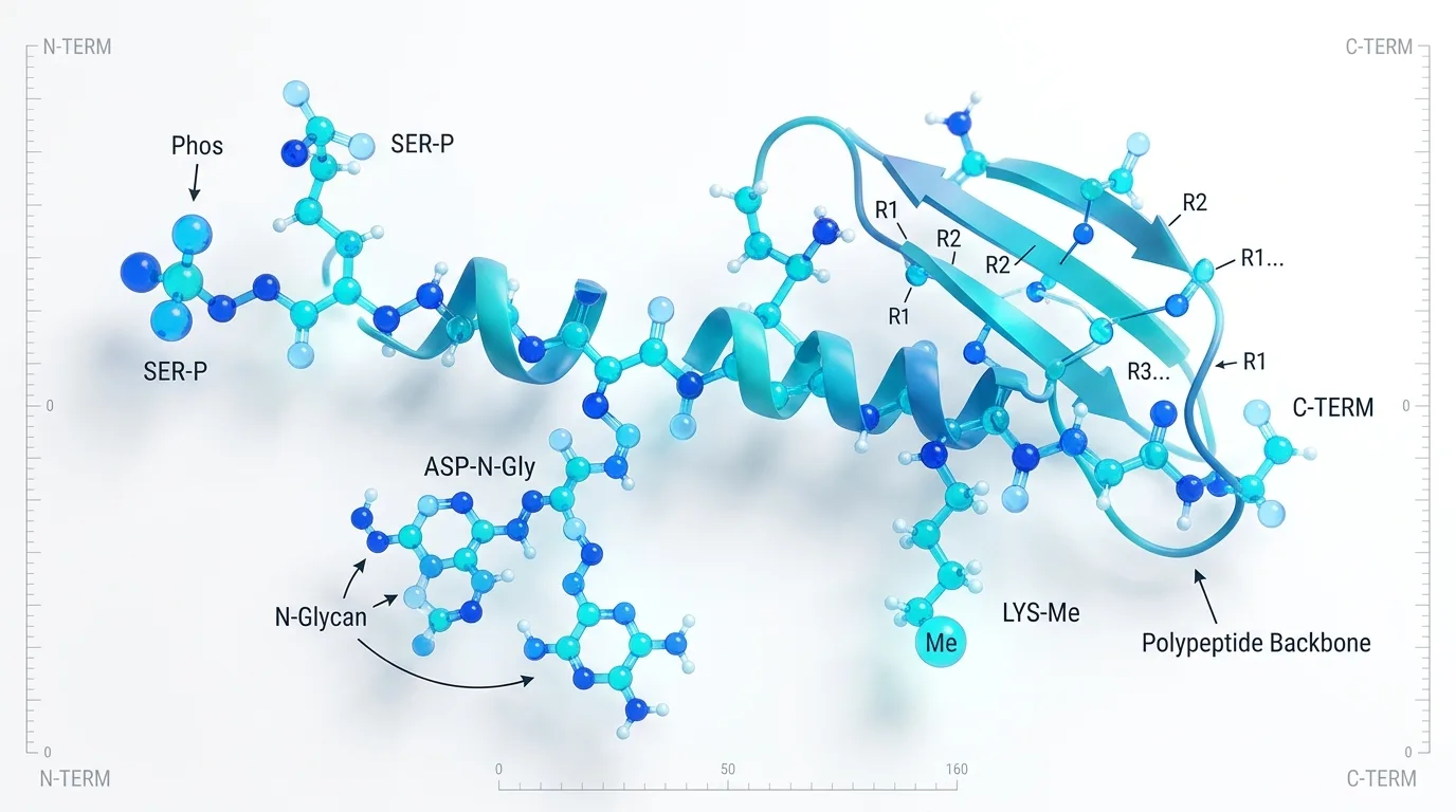 Molecular structure visualization highlighting N-terminal peptide modifications in tesamorelin for enhanced HIV lipodystrophy treatment