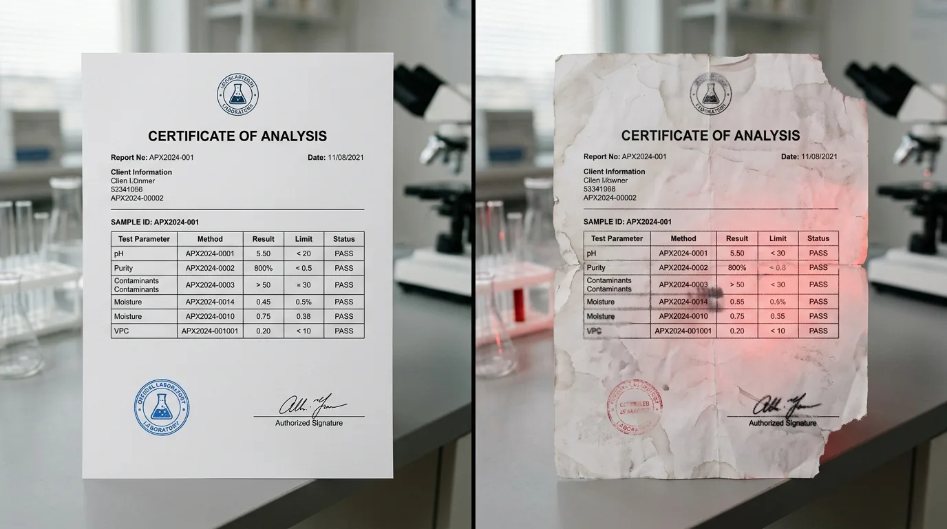 Side-by-side comparison of legitimate Certificate of Analysis versus fraudulent low-quality documents showing red flags in copper peptide testing reports