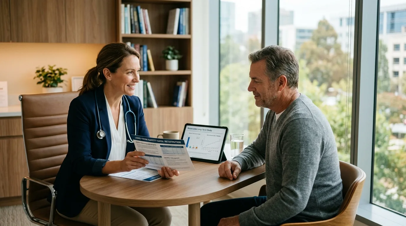 Doctor discussing long-term safety and retatrutide side effects and safety profile with patient in medical office