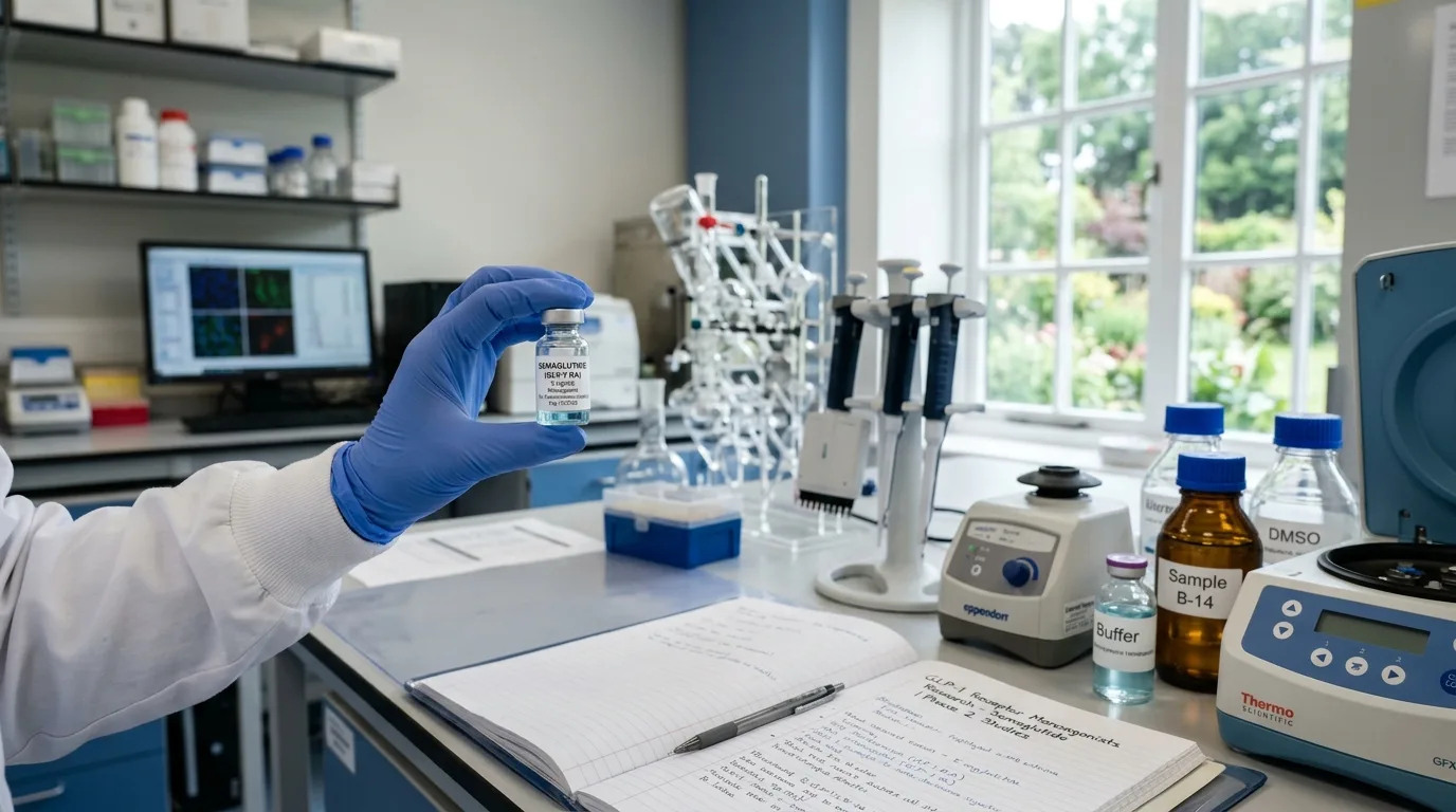 Laboratory scene showing a scientist holding a semaglutide vial representing the rise of GLP-1 receptor monoagonists in obesity pharmacotherapy evolution.