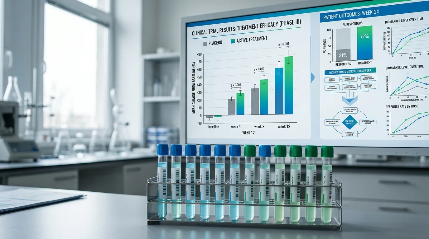 Clinical trial data visualization and evidence scorecard representing GHK-Cu research results and human study outcomes