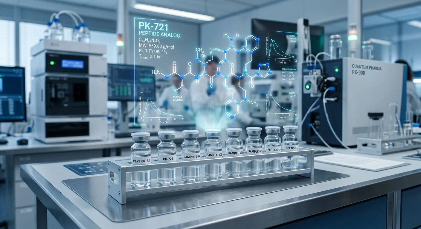 Laboratory scene with peptide vials and molecular hologram representing Retatrutide compound profile.