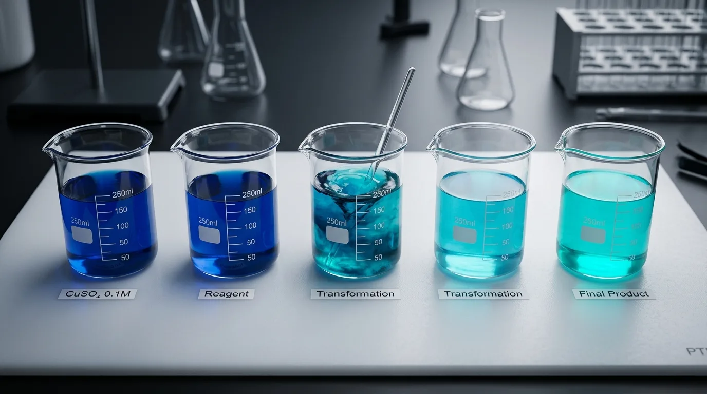 Copper complexation reaction showing the formation of GHK-Cu peptide complex from blue copper sulfate solution