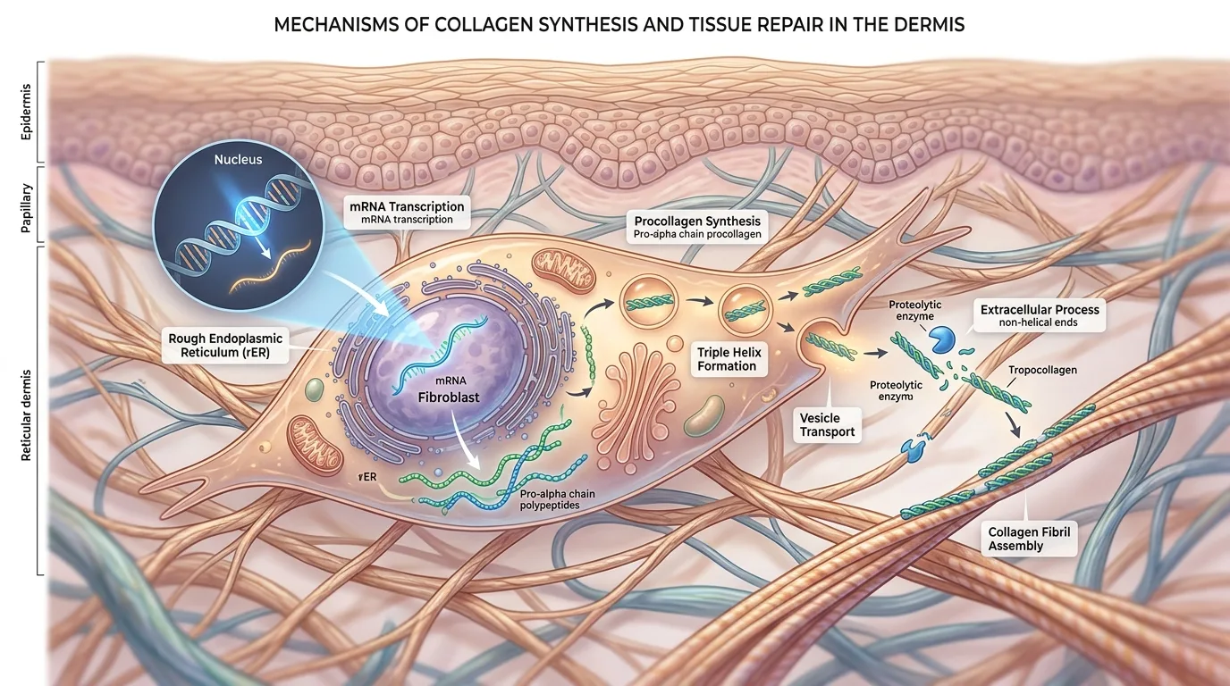 Microscopic view of skin cells during collagen synthesis and cellular regeneration from GHK-Cu peptide mechanism