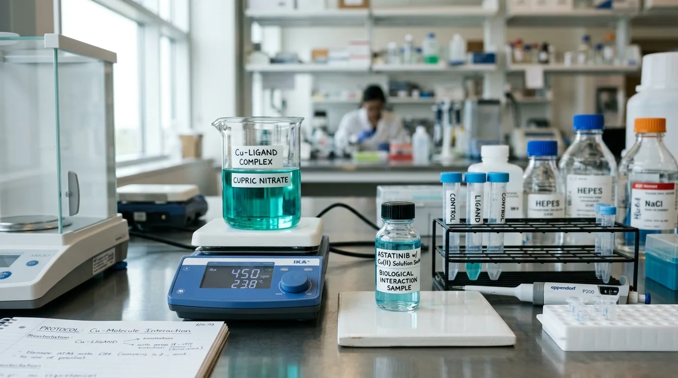 Professional laboratory visualization of GHK-Cu copper binding demonstrating biological interactions and molecular behavior in research conditions relevant to copper peptide chemistry