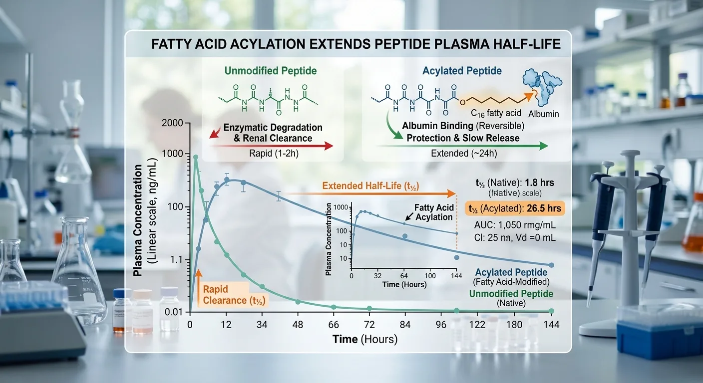 Graphical representation of pharmacokinetic plasma concentration curves illustrating peptide albumin binding half-life extension mechanism through acylation chemistry