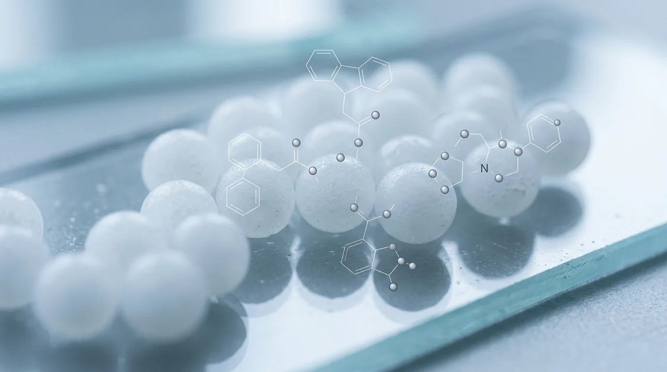 Magnified view of Fmoc-protected SPPS resin beads used in tesamorelin solid phase peptide synthesis