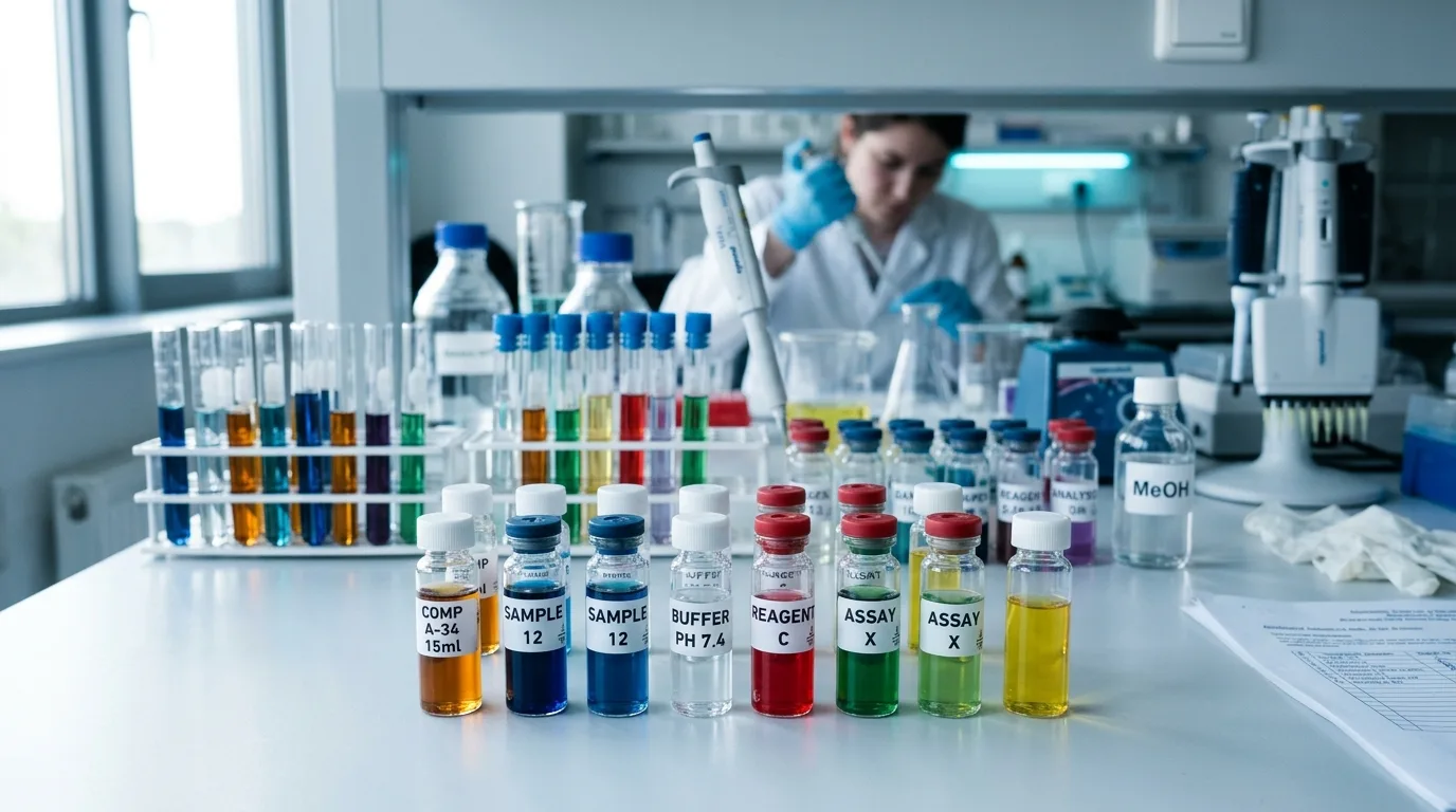 Pharmaceutical test tubes and vials in a laboratory demonstrating peptide stack analysis and DPP-IV sensitive peptides compatibility testing