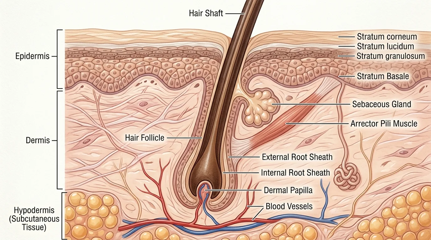 Detailed cross-section of skin layers showing hair follicle penetration depth for topical GHK-Cu delivery